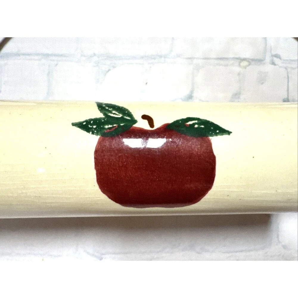Vintage Ceramic Apple Dough Rolling Pin With Green Metal Wall Rack